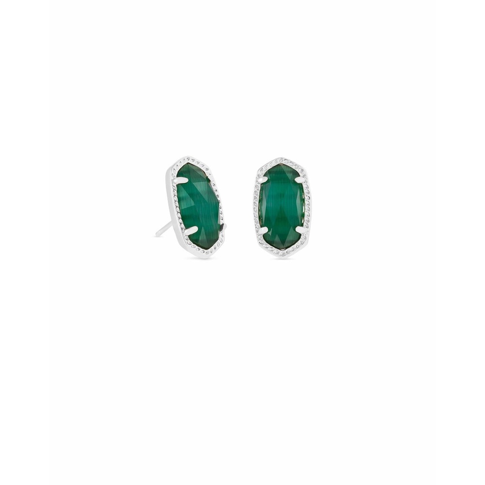 Kendra Scott Ellie Silver Stud Earrings in Emerald Cats Eye / NWT & In Dustbag
